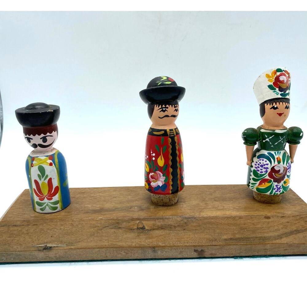 Vintage‎ Hungarian Hand Painted Folk Art Dolls Bottle Stoppers 3 with wood stand